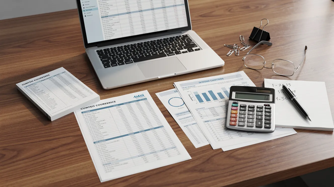 The image depicts a professional workspace featuring financial spreadsheets, a calculator, and various documents organized neatly on a wooden desk, ideal for conducting financial analysis related to a rice mill business. This setup suggests preparation for detailed project reports and financial projections essential for understanding market growth and future demand in the rice industry.
