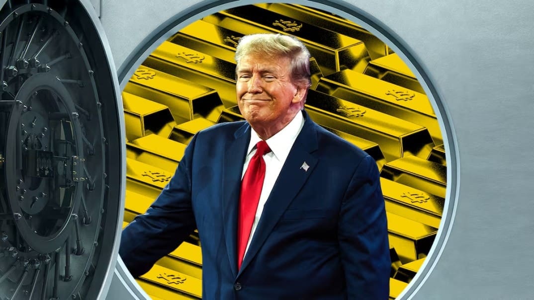 Donald Trump - Strategic bitcoin - executive order – world – treasury – bitcoin – blockchain – blockchain technology – crypto assets – digital assets Illustration of Donald Trump with gold/Bitcoin vault.