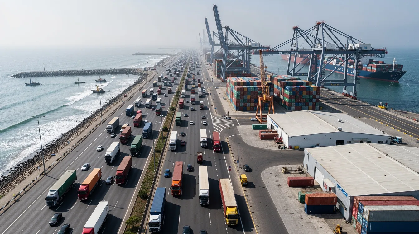 An aerial view captures a bustling coastal highway filled with commercial trucks, showcasing the port infrastructure in the background. This scene highlights the critical nature of trucking operations in Galveston, where accidents involving trucks can lead to severe injuries and complex legal cases requiring the expertise of a truck accident lawyer.