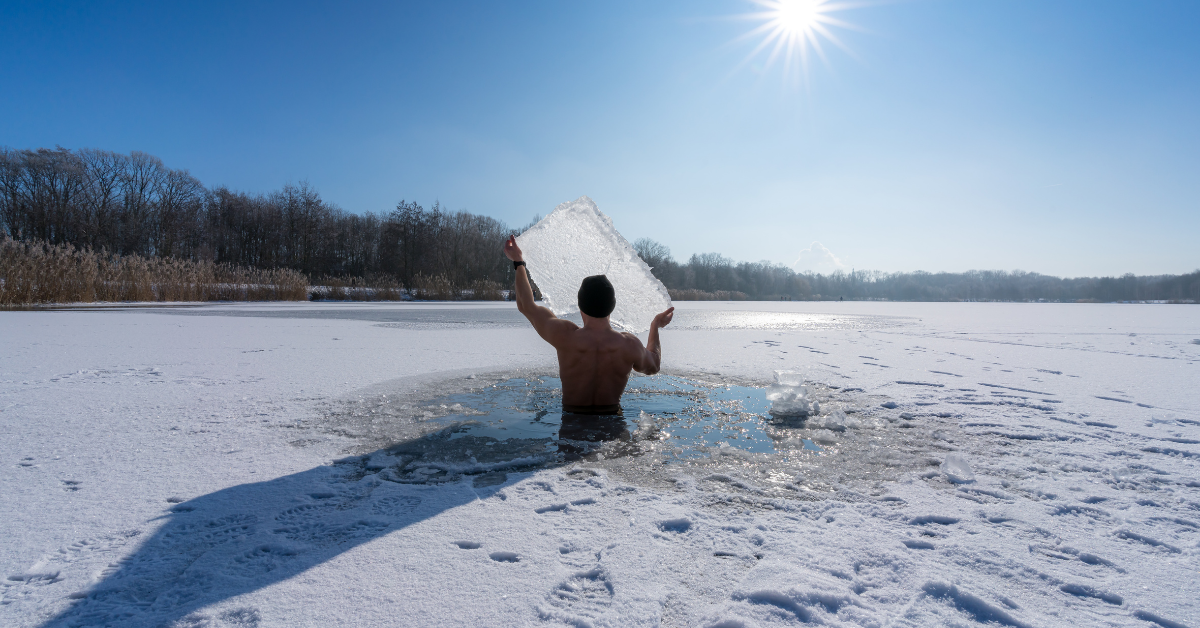 A person experiencing cold water exposure as they prepare for an ice bath.