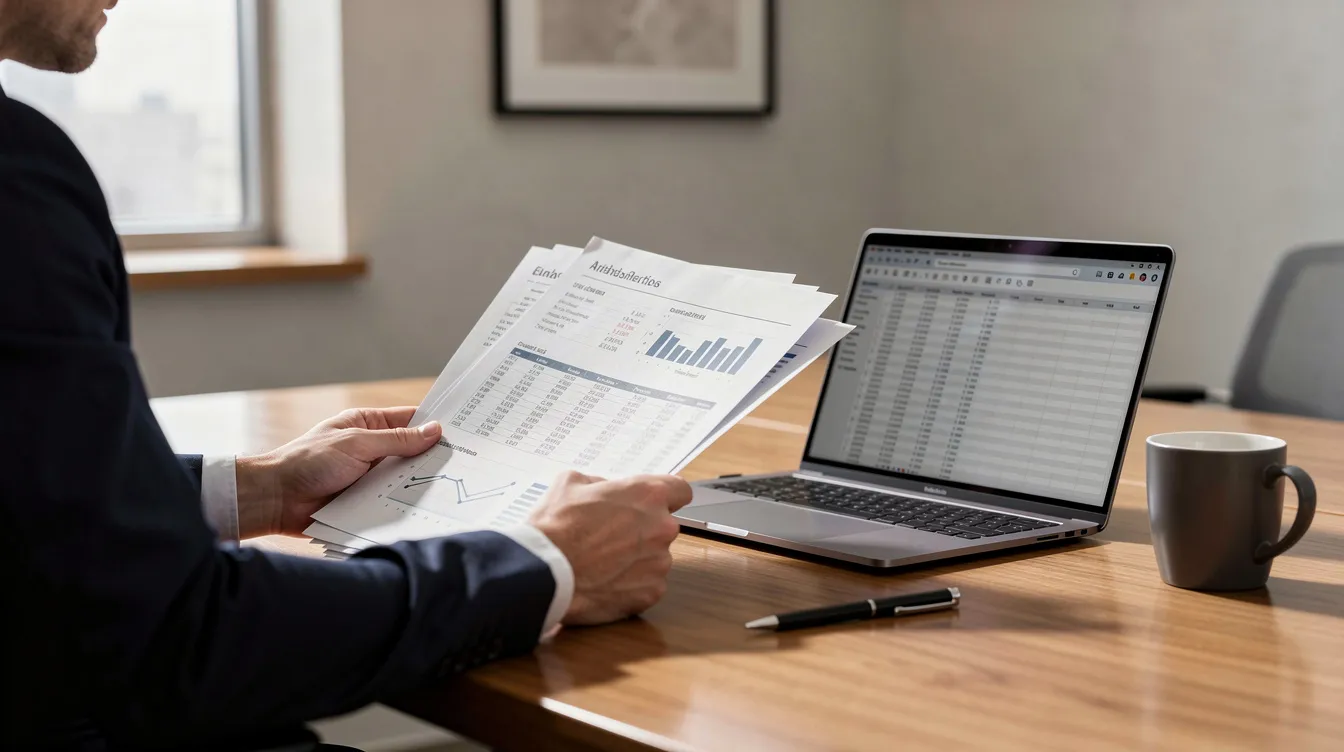 f5d2799c f92c 45c2 8aba a23921192427 The image shows a person sitting at a desk, intently reviewing financial documents while a laptop is open in front of them. The scene suggests they may be assessing their loan account, possibly related to a mudra loan application or checking their credit report for financial assistance options.