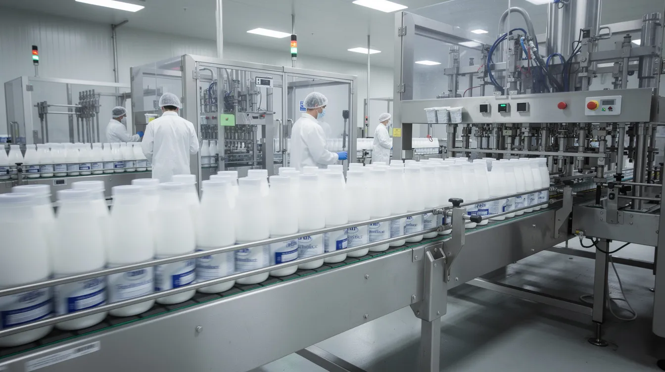 f5d3bcf4 2eca 4d4c 907f 25d18b3698ed The image depicts a busy dairy product packaging line, where bottles and cups filled with pasteurized milk are moving along a stainless steel conveyor belt. This setup is typical in a milk processing plant, showcasing the automated machinery used in the dairy industry for efficient packaging of dairy products.