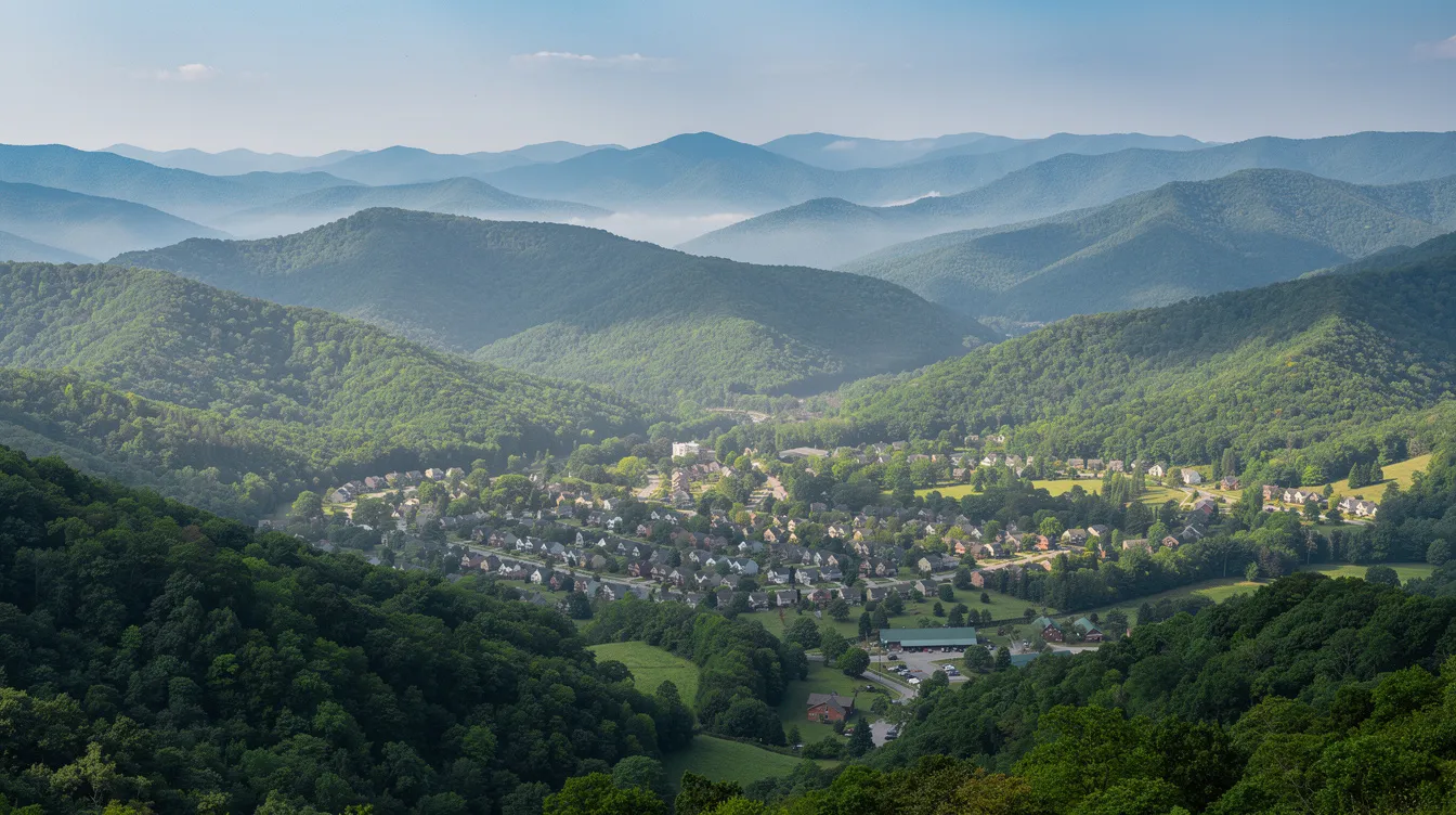 The image captures the serene landscape of the Great Smoky Mountains, with lush green hillsides surrounding a small town nestled in the valley below, showcasing residential buildings. This picturesque scene reflects the harmony of nature and community, reminiscent of the collaborative efforts seen in the construction industry, where design professionals and contractors come together to create thriving environments.