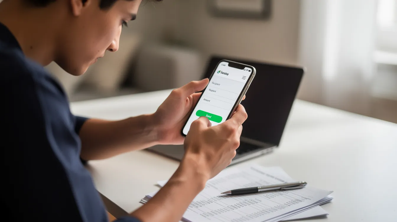 A person is intently reviewing details on a smartphone screen, ensuring all information is correct before initiating a money transfer through their bank's mobile app. The scene emphasizes the importance of due diligence in the transaction process, highlighting the need for security and verification when handling funds.