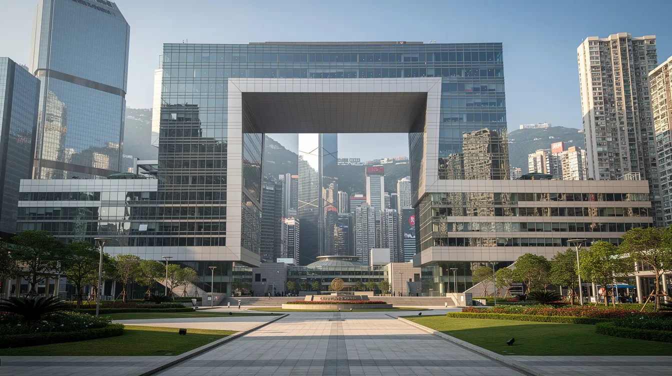 The image showcases the Hong Kong government headquarters building complex, featuring sleek modern architecture set against a vibrant city skyline. This prominent structure represents the administrative heart of the 香港特別行政區, where 公務員職位 are managed and public services are coordinated.