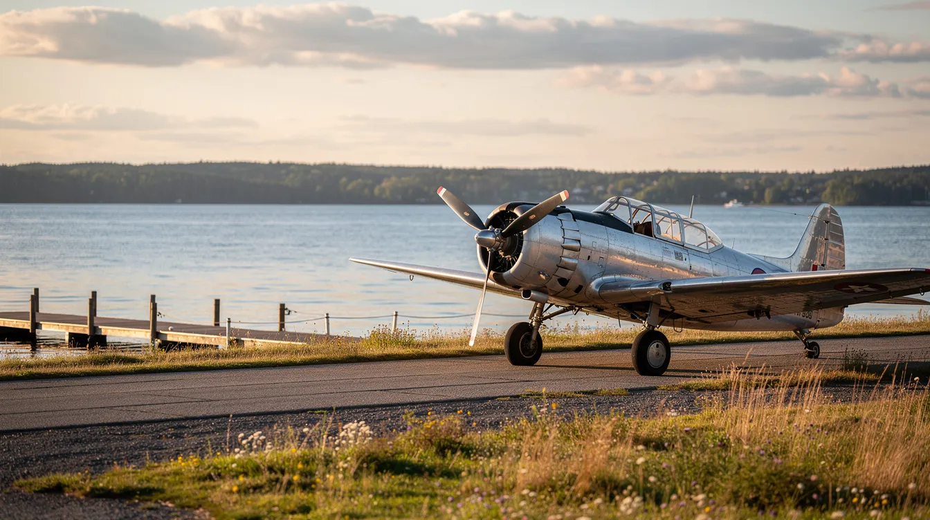 A vintage propeller airplane is parked on a small waterfront airfield, with a serene lake in the background reflecting the calmness of the scene. This charming setting evokes a sense of nostalgia and tranquility, contrasting with the ongoing discussions around the expansion plans at Billy Bishop Toronto City Airport.