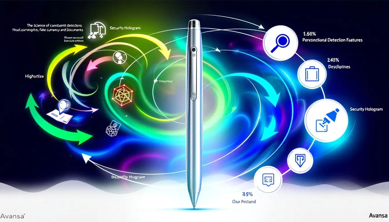A display of Avansa counterfeit detection pens with their features highlighted.