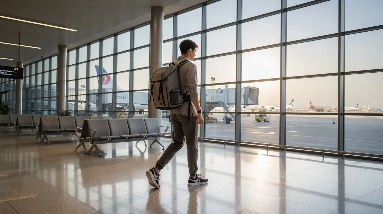 A young person with a backpack is walking through a bustling airport departure terminal, where large windows showcase airplanes parked on the tarmac, symbolizing the excitement of starting a new adventure abroad for a dream job. The atmosphere is filled with anticipation as travelers prepare to explore different countries and cultures.