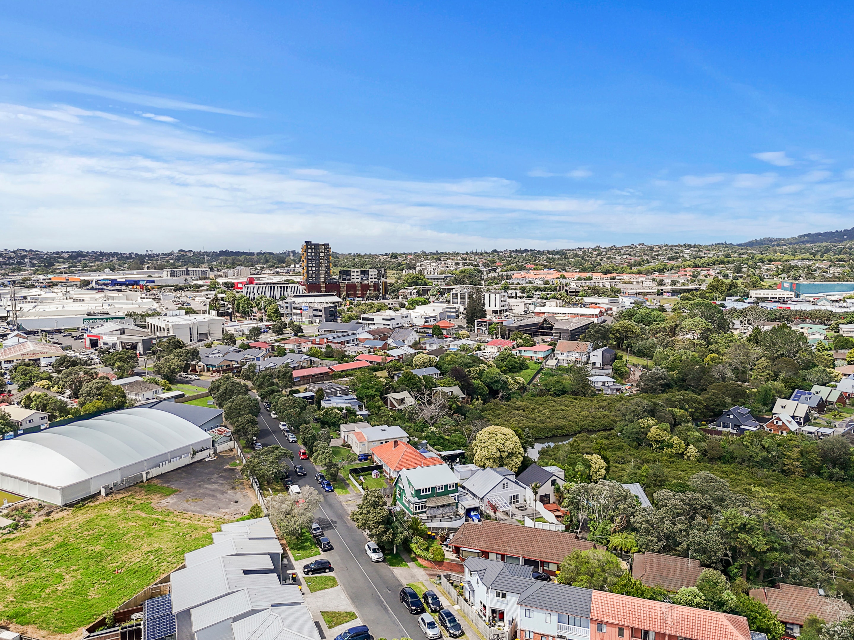 New Lynn Bowling Club and Lynn Mall from Reid Road
