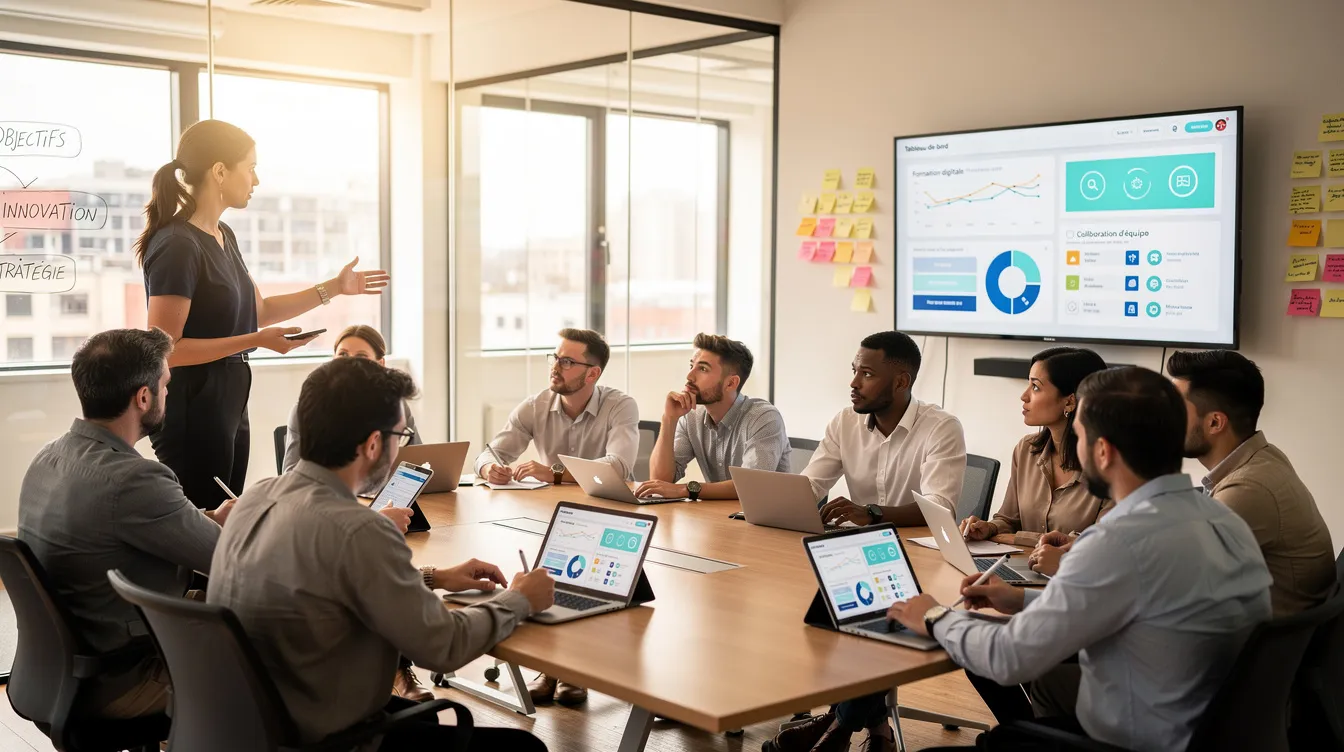 L'image montre un atelier de travail où des collaborateurs participent à une formation, utilisant des tablettes et divers outils digitaux. Cette scène illustre l'importance de la stratégie de croissance et du développement des compétences dans une entreprise moderne.