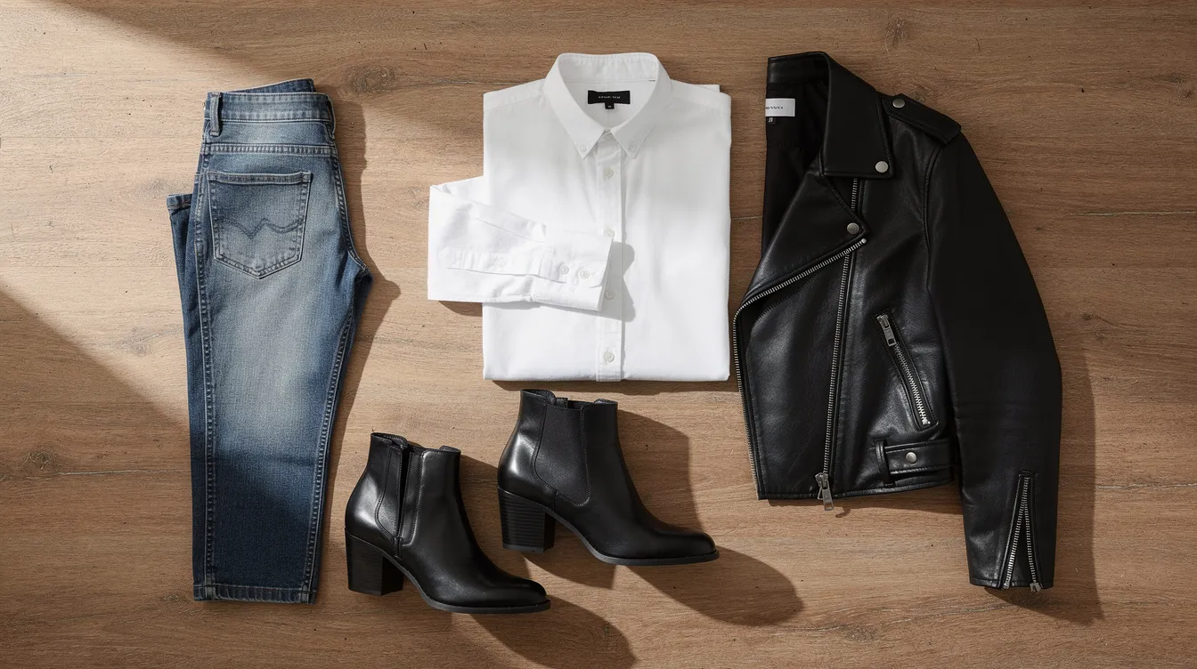 A flat lay displays classic women's wardrobe staples, including a pair of jeans, a white shirt, stylish boots, and a leather jacket, all arranged on a wooden surface. These timeless pieces are essential for building a capsule wardrobe, effortlessly matching for various occasions.