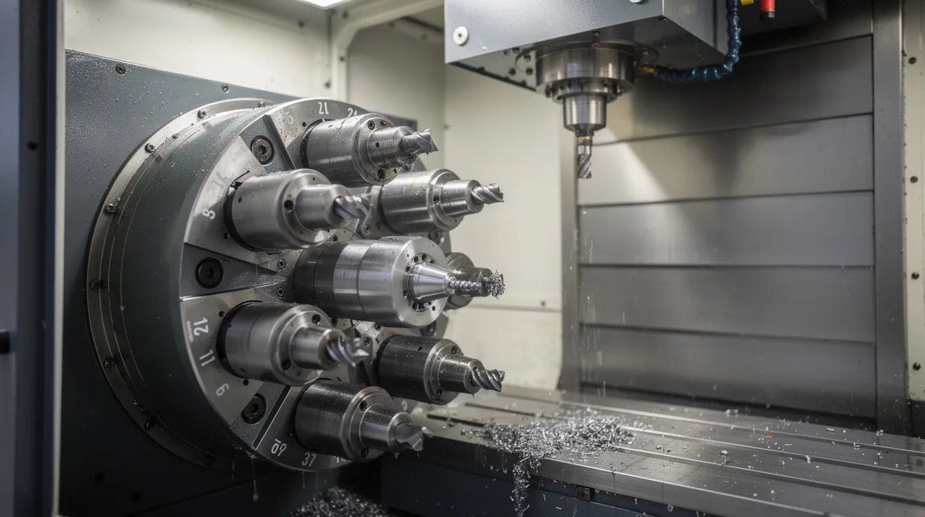 The image depicts a CNC automatic tool changer carousel filled with multiple BT40 tool holders, situated inside a machining center enclosure. This setup is essential for precision machining, allowing for efficient machine operations and seamless transitions between various cutting tools during the machining process.