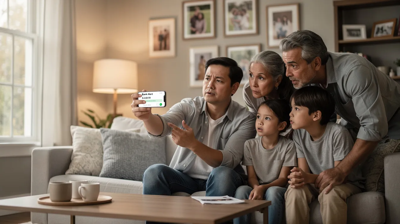 A family is gathered in their living room, attentively looking at a smartphone displaying a bank notification related to international money transfer. The scene reflects the family's interest in online banking and managing their bank accounts, possibly discussing how to send money securely and conveniently.