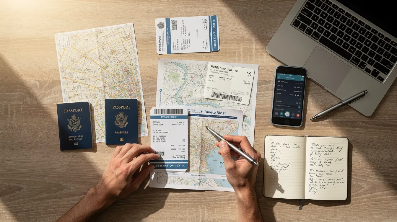 Une personne est assise à un bureau, organisant soigneusement des documents de voyage, tels que des passeports et des formulaires de demande de visa, en préparation pour un voyage au Canada. L'environnement évoque une atmosphère de planification minutieuse pour les affaires ou le tourisme.