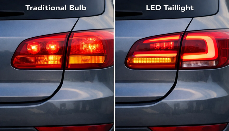 Traditional tail light bulb versus modern LED tail light for brightness and style comparison