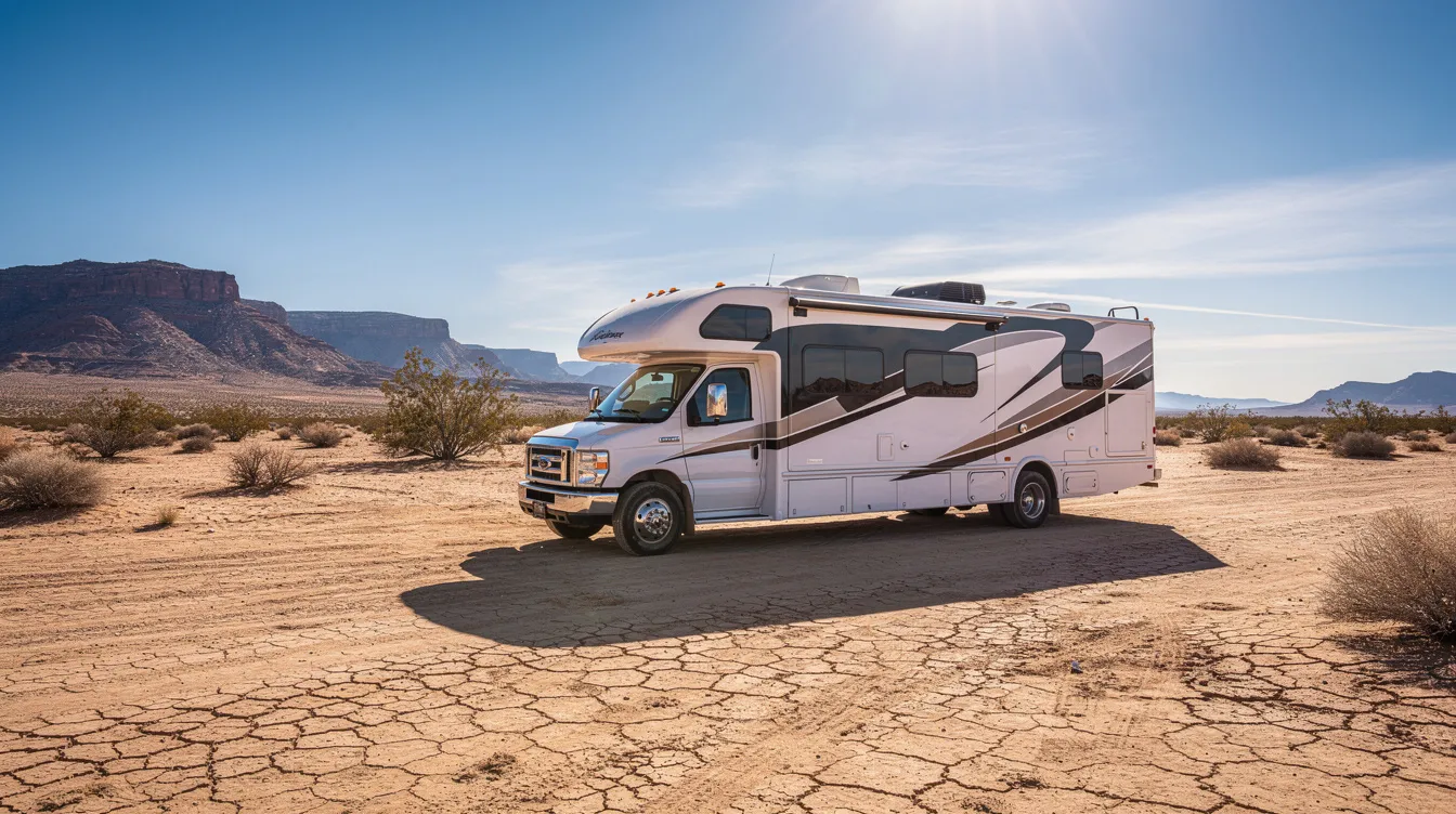 A large motorhome is parked in a vast desert landscape, basking under intense sunlight. The scene highlights the vehicle's sleek design, which is ideal for traveling in warmer climates, and suggests the importance of a reliable RV air conditioner to maintain comfort during hot days.