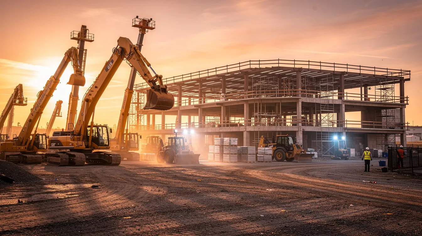 Heavy construction equipment parked on a commercial jobsite at sunrise.