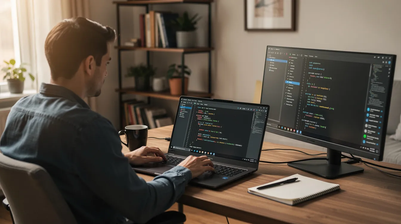 A person is seated at a desk in a home office, focused on their laptop while connected to a remote server session. The environment suggests they are utilizing a Windows VPS hosting solution, allowing for efficient remote desktop access to manage their work effectively.