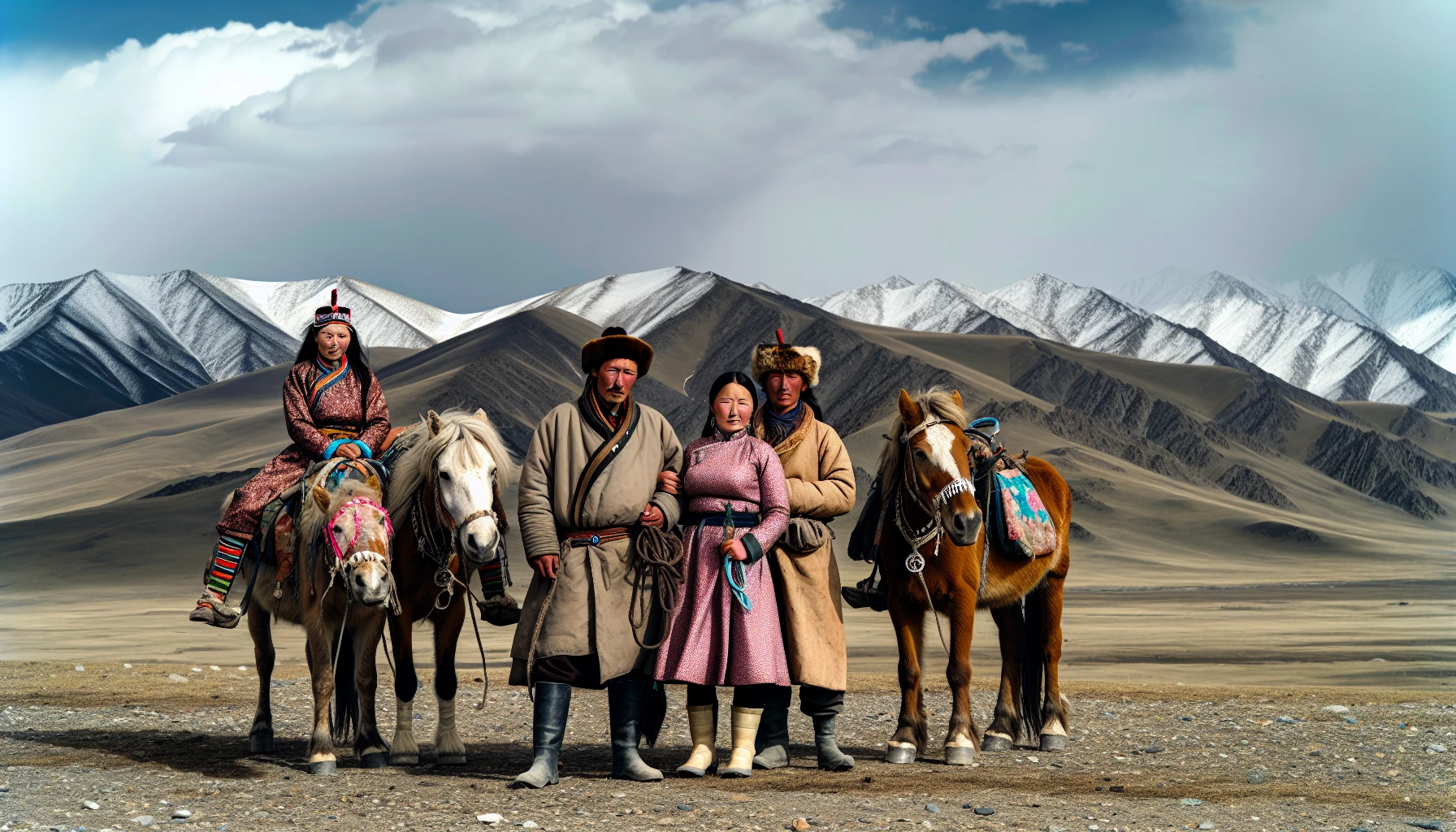 Nomadic family with horses in the Altai landscape