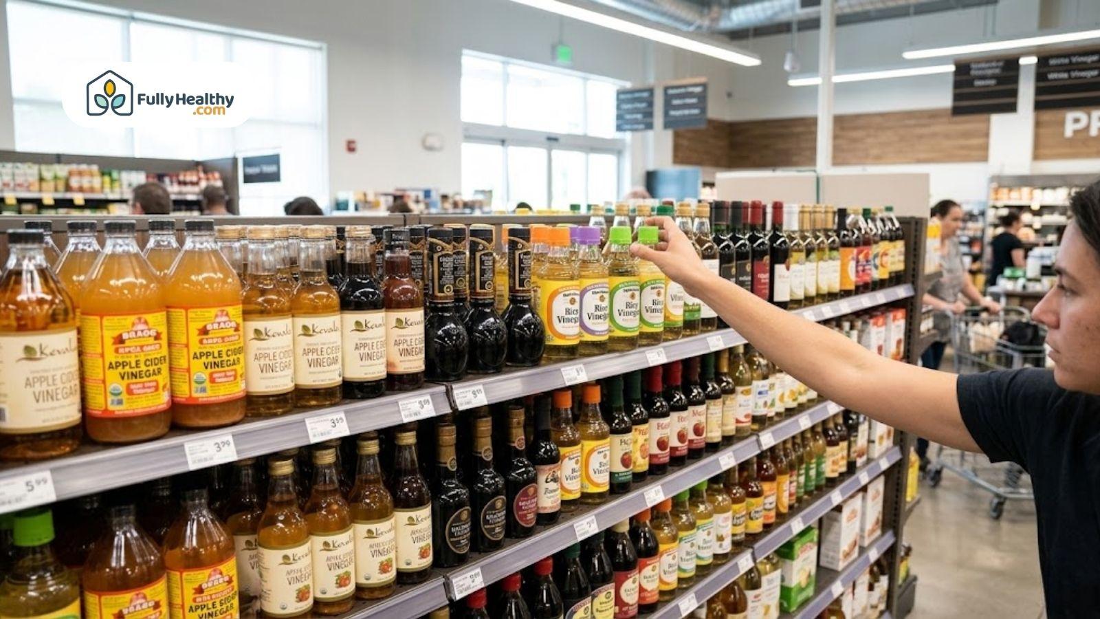 Shopper reaching for vinegar bottles on a grocery store shelf with different vinegar products displayed