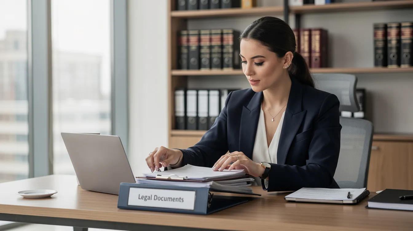 A professional woman is organizing legal paperwork in an office setting, surrounded by various court documents related to family law cases, such as child custody and support. She is focused on preparing and filing the necessary forms, ensuring that all legal papers are in order for the upcoming legal action.