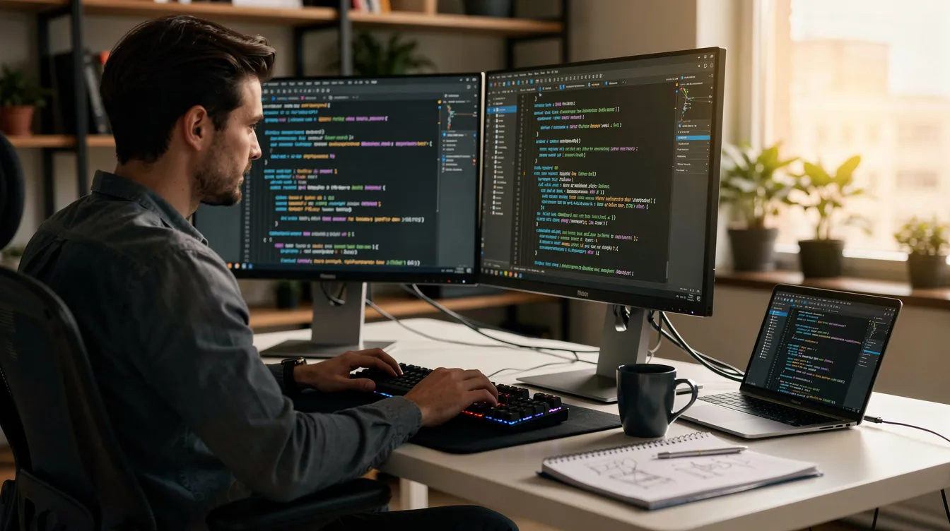 A developer working with code across two monitors