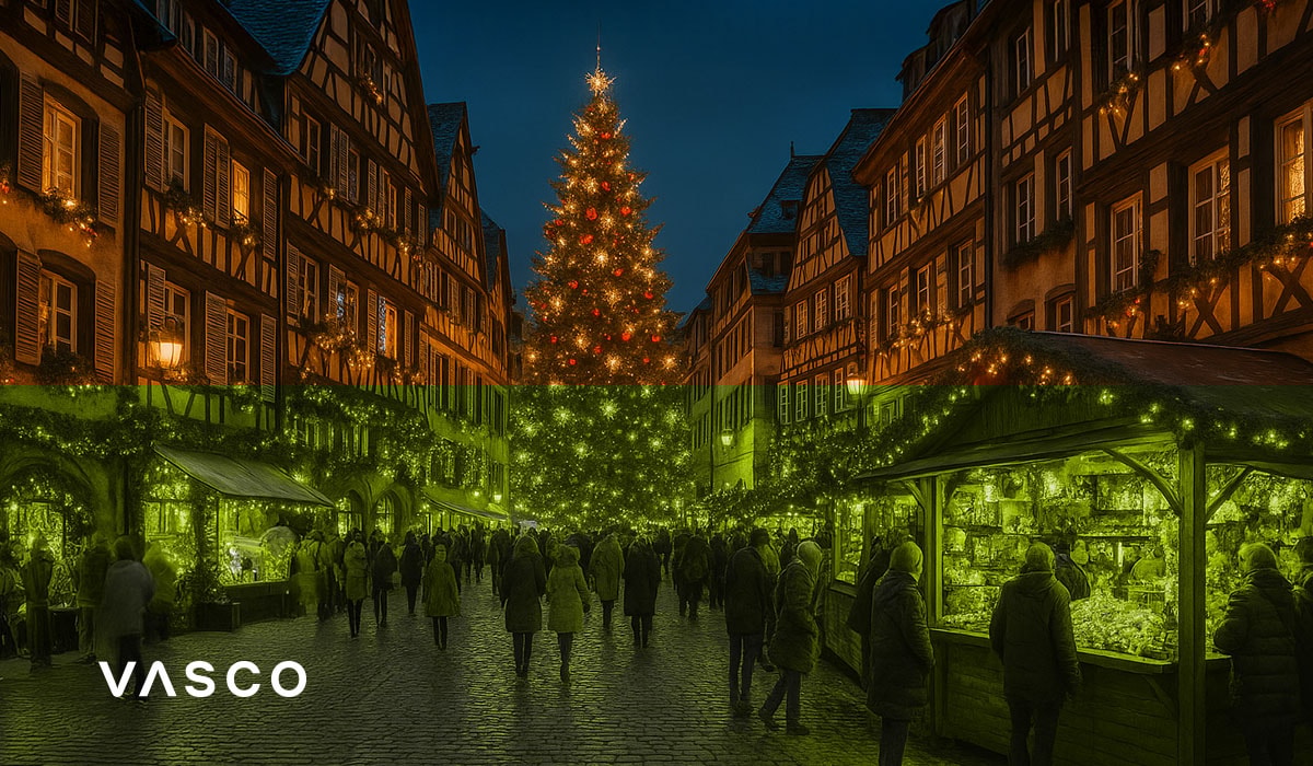 French Christmas market among traditional, decorated timber-framed houses