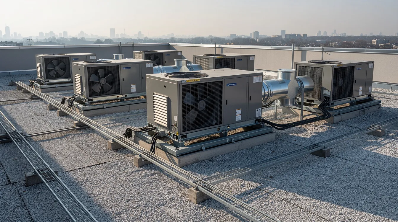 The image shows several commercial rooftop HVAC units installed on a flat building roof, highlighting the air conditioning systems that are essential for temperature control. These units, which may include components like compressors and evaporator coils, are crucial for efficient climate management in larger buildings.