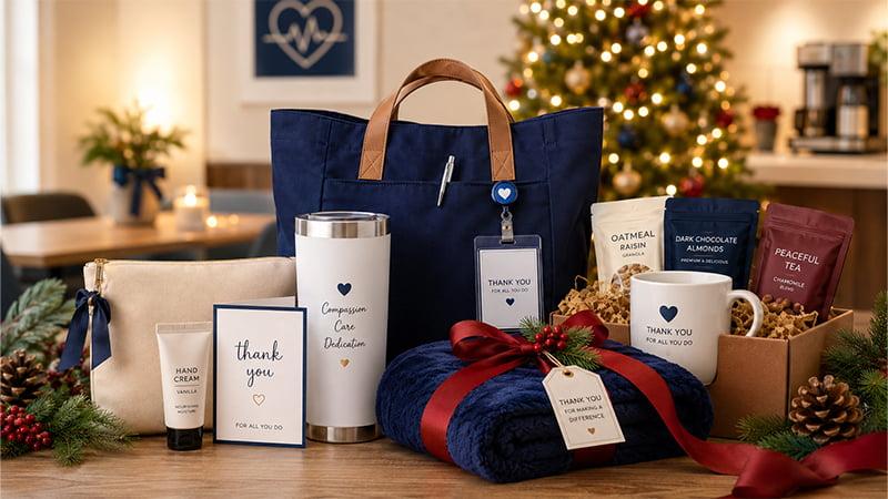 Custom nurse Christmas gift set for hospital staff including tumblers, tote bags and wellness items for healthcare appreciation programs