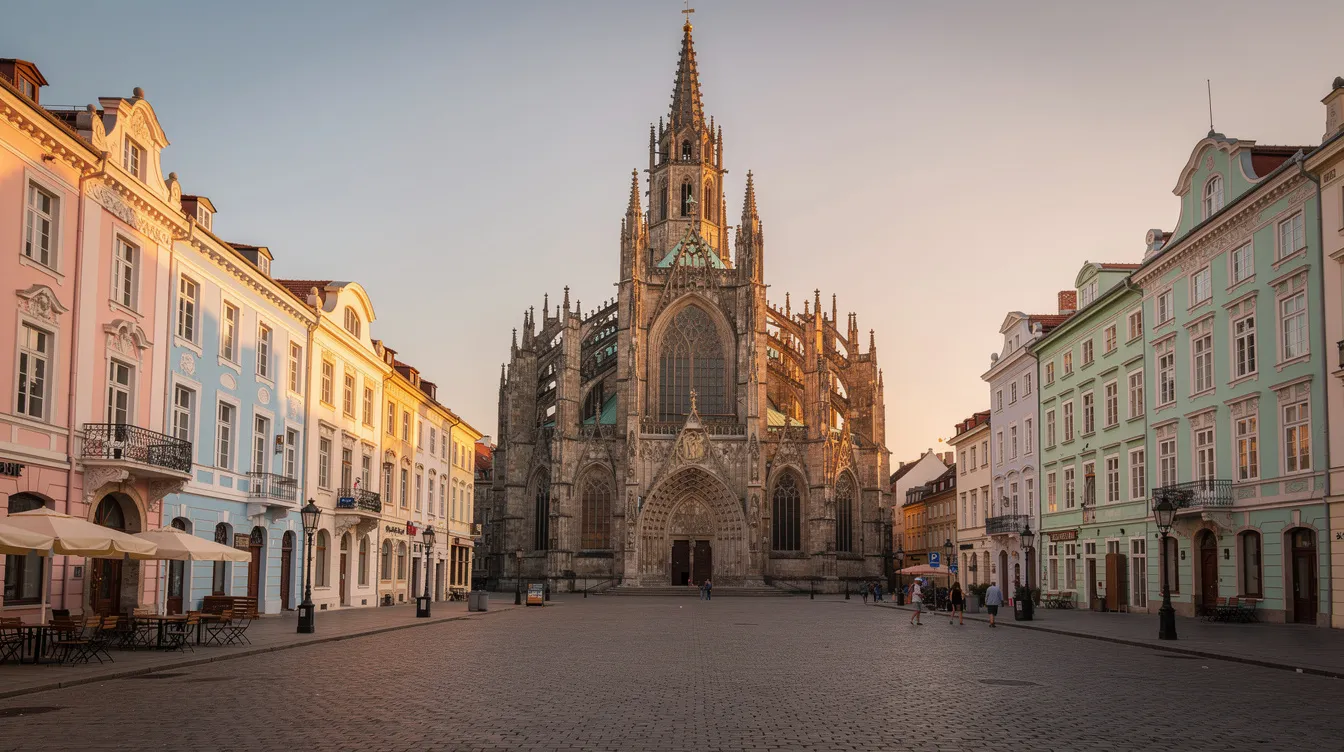 A imagem mostra uma praça europeia com uma catedral gótica imponente ao fundo, cercada por edifícios históricos em suaves tons pastel. O ambiente é repleto de charme, refletindo a rica arquitetura da cidade, que pode ser uma atração em destinos como Zagreb, na Croácia.