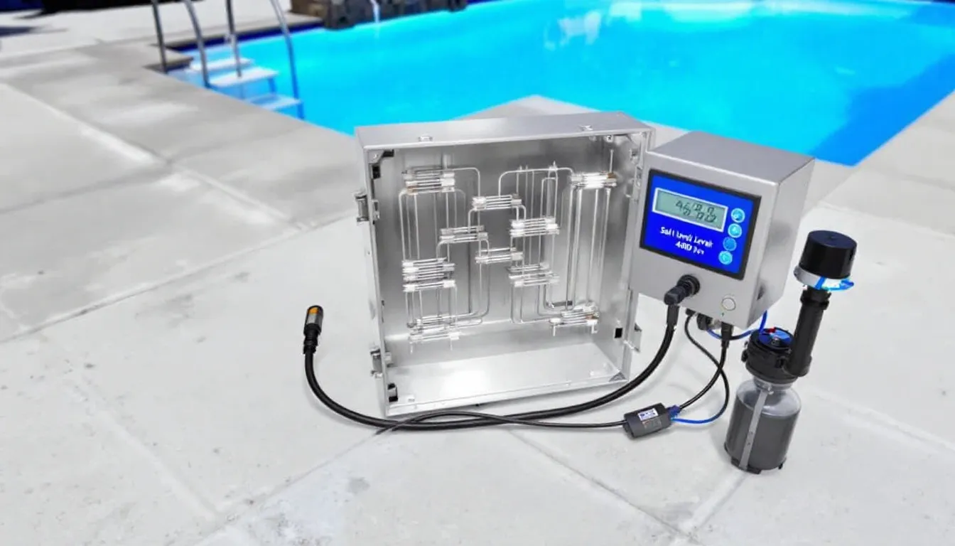The image features a modern saltwater chlorinator, a compact piece of pool equipment designed for residential swimming pools. This salt chlorine generator efficiently converts salt into chlorine, helping pool owners maintain optimal water chemistry and reduce the need for traditional chemicals in their saltwater pools.