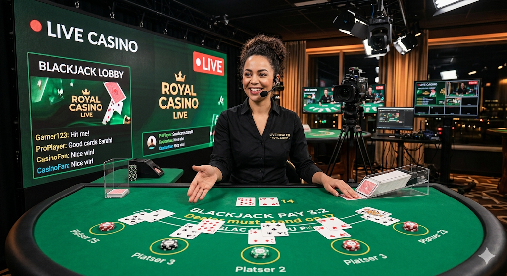 Live blackjack i casino studio där dealern delar ut kort till spelare vid bord i live casino online
