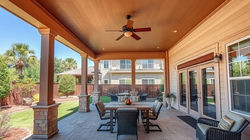 A large patio with high ceiling outdoor fan