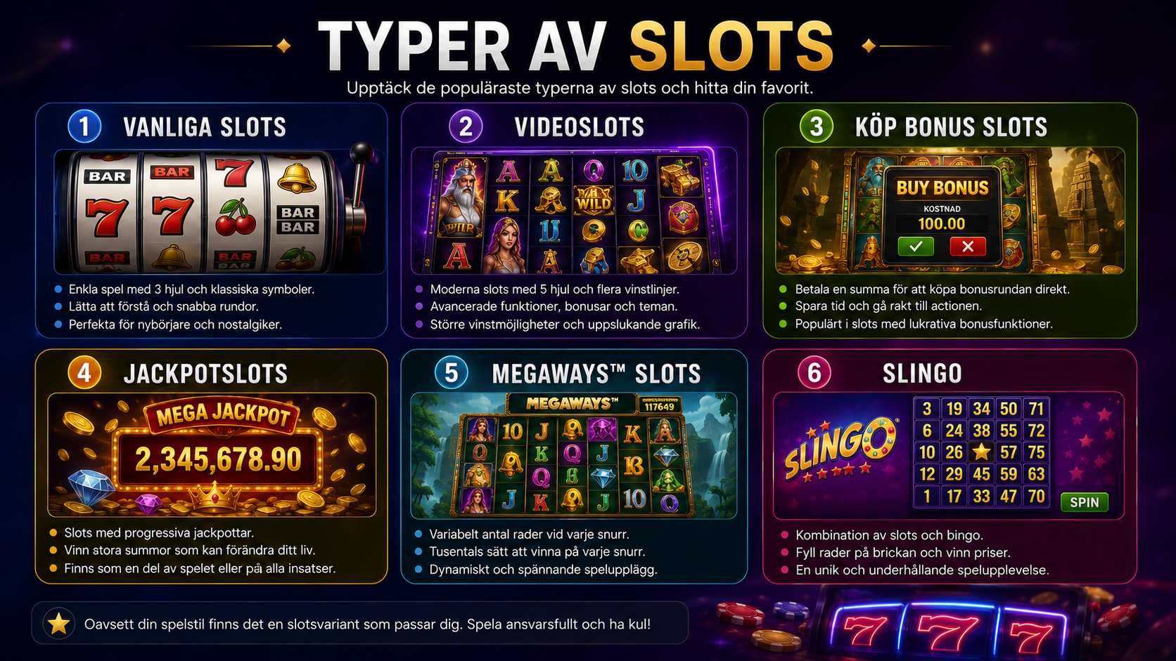 Guide över olika typer av slots som videoslots, jackpotslots, Megaways och Slingo
