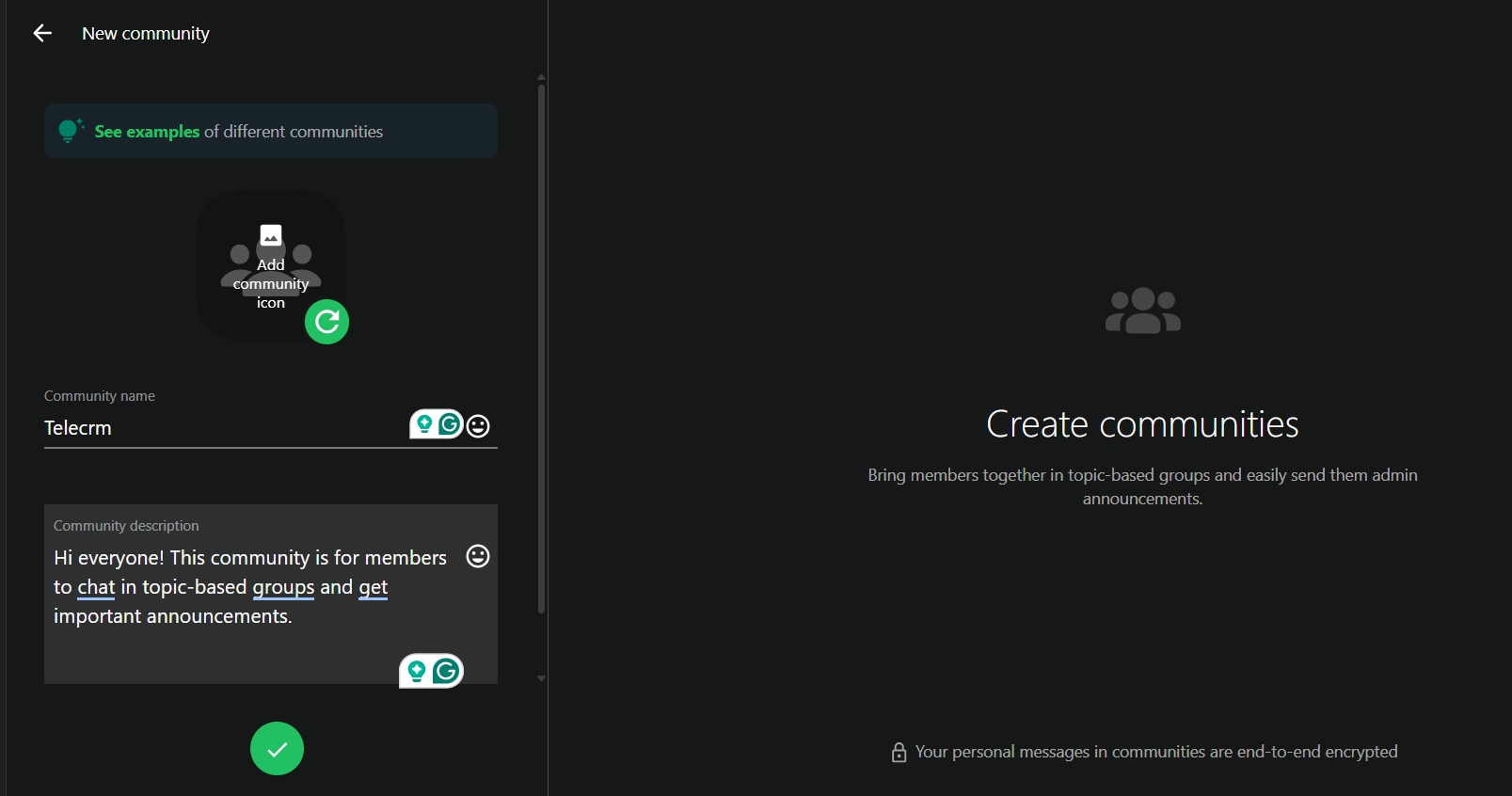 whatsapp community creation: showing name, description and icon upload fields.