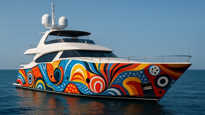 Yacht wrapped in patterned vinyl film