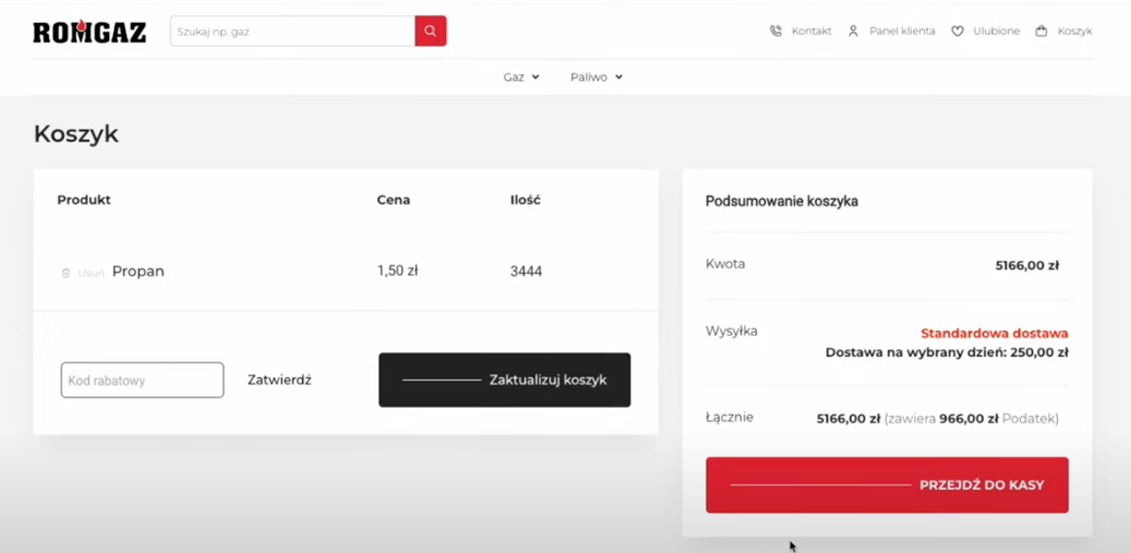 Screen przedstawiający transparentny proces zakupu LPG online