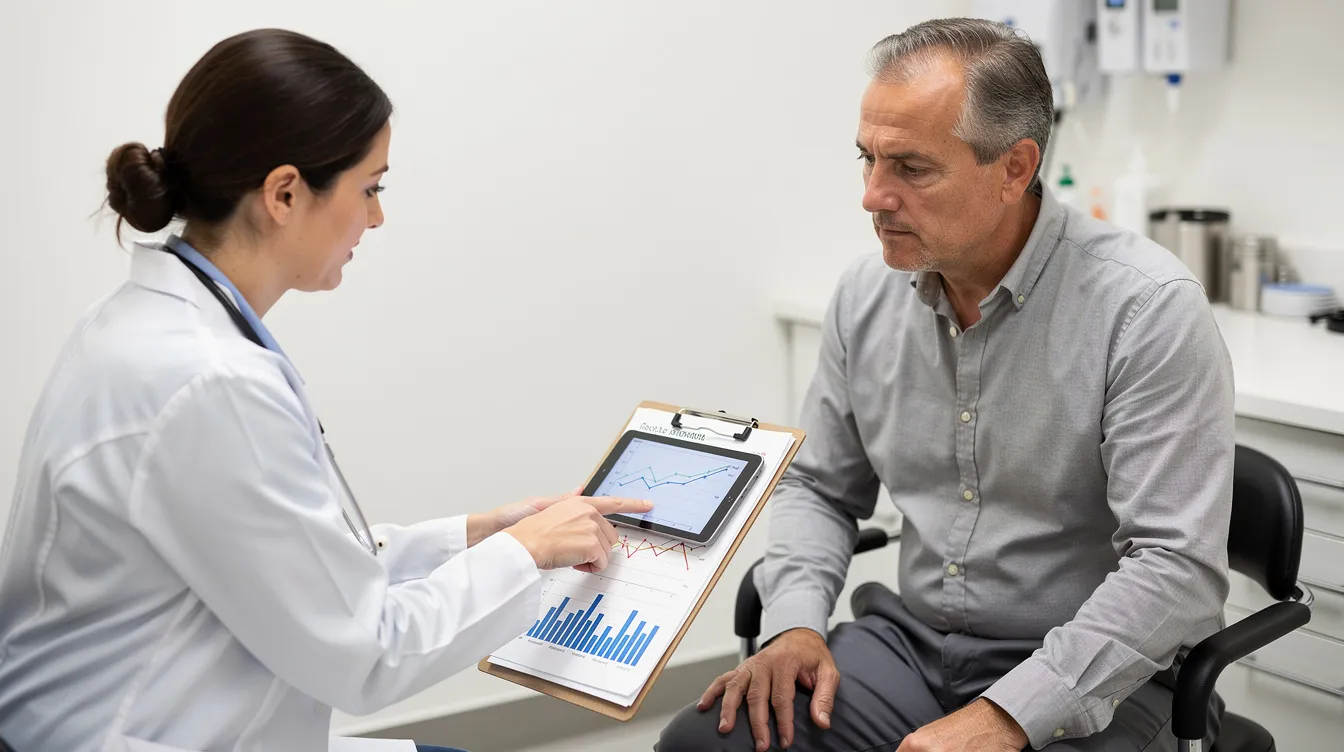 A medical professional is seated across from a middle-aged patient in a clinical setting, reviewing health data charts that may include information on lifestyle factors affecting overall health and well-being. The discussion likely touches on topics such as metabolic health, sleep quality, and strategies for maintaining a youthful appearance and cognitive function as part of personalized longevity protocols.