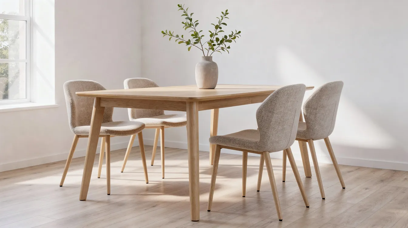 Ett skandinaviskt matbord i ljus ek står i vardagsrummet, omgiven av textilklädda stolar. Bordet är 120 cm långt och erbjuder plats för flera personer, vilket gör det till en perfekt matplats för både familj och gäster.