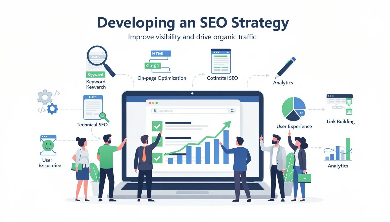 The image depicts a flowchart illustrating the components of an SEO strategy, including elements like keyword research, content quality, and meta descriptions, all aimed at enhancing search engine optimization. It highlights the importance of understanding search intent and targeting the audience effectively to drive organic traffic and improve search engine rankings.