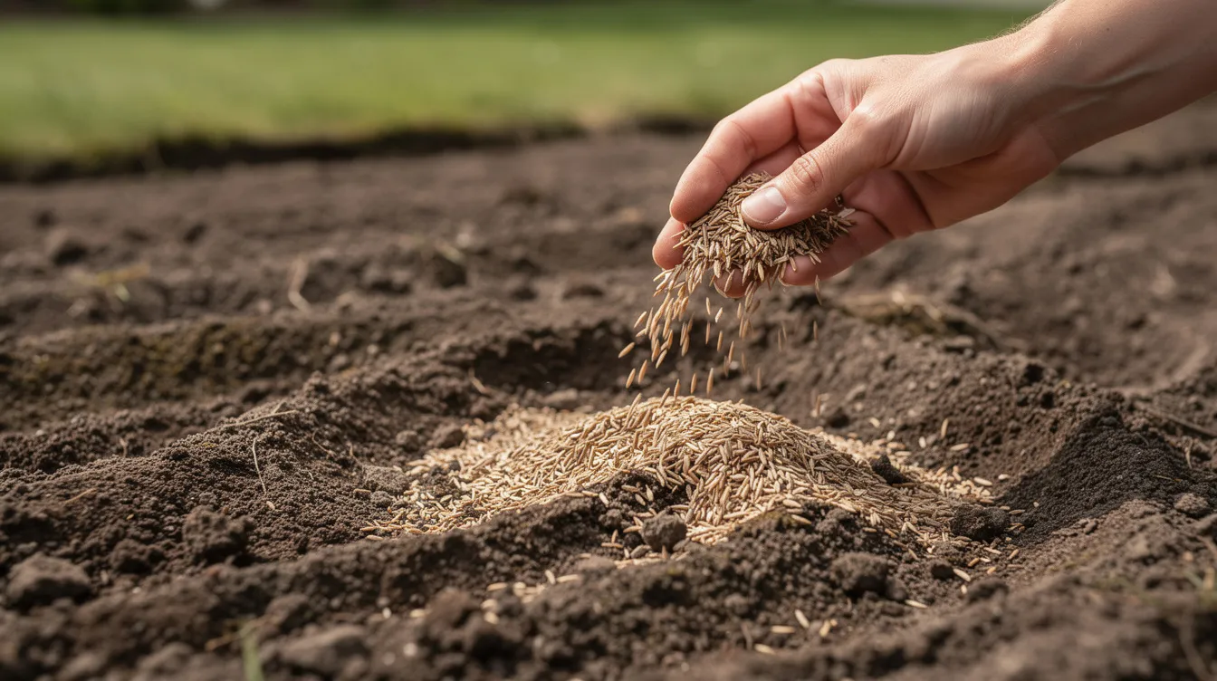 A person is hand-spreading grass seed evenly across a prepared lawn area, where the soil surface is visible, highlighting bare patches and compacted soil. This step is essential for repairing a patchy lawn and promoting the growth of new grass plants.