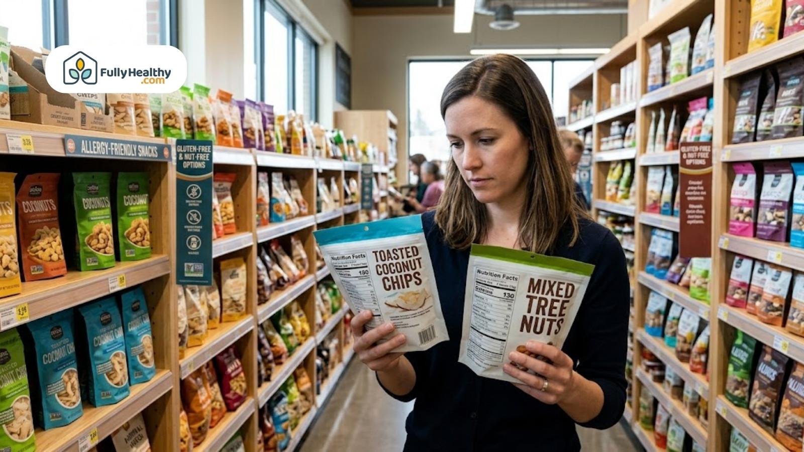 Woman compares coconut chips and mixed nuts packages in grocery store aisle