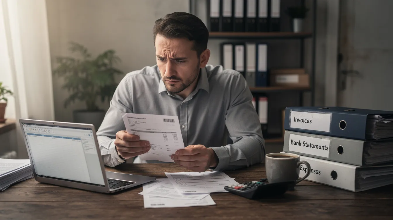 f5fa6df3 6c80 4664 b9bb 9bc8feb0260d A concerned small business owner is sitting at a desk, carefully reviewing various financial documents and bank papers, indicating their focus on understanding their financial situation. This scene reflects the challenges faced by entrepreneurs as they navigate eligibility criteria for loans, including mudra loans, to support their business ventures.
