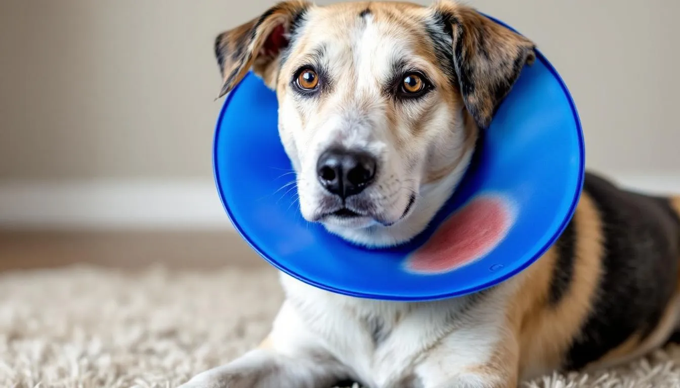 A large breed dog is wearing an E-collar while recovering from treatment for a lick granuloma, which is a skin condition characterized by excessive licking leading to a skin lesion. The dog