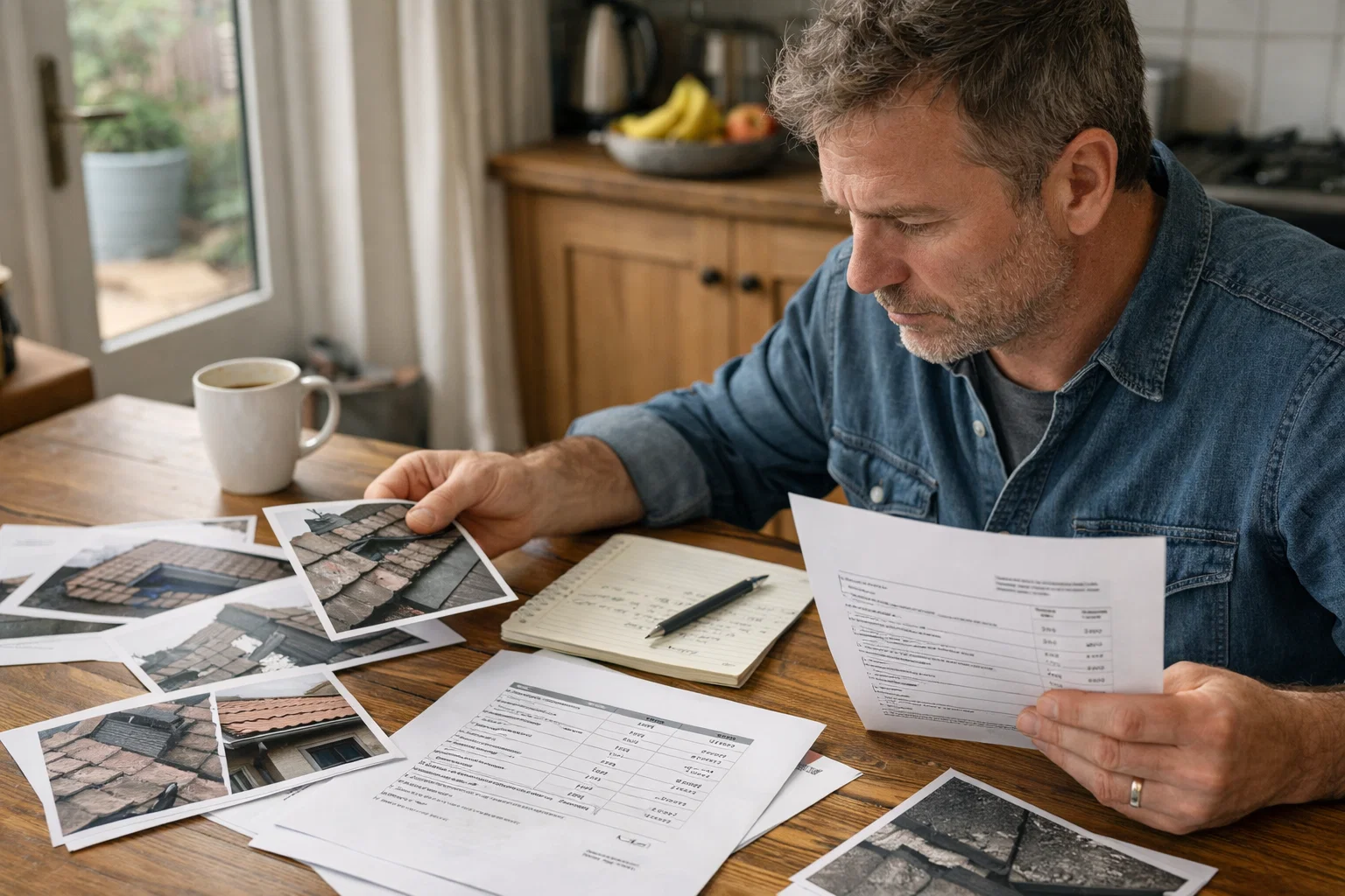 Homeowner reviewing a roofing survey report and quotation for a residential roof replacement.