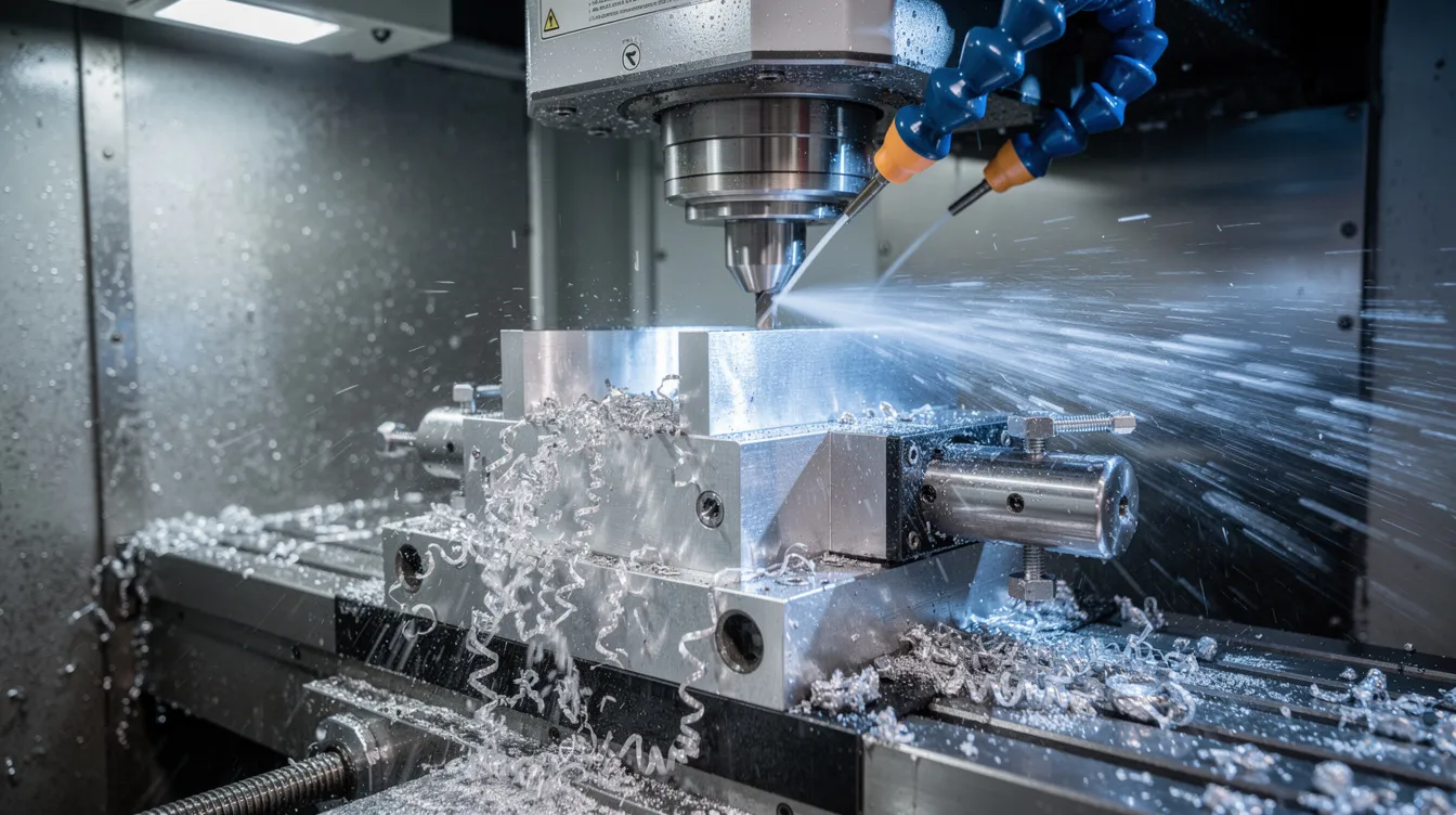 The image depicts a CNC machining center actively milling an aluminum workpiece, with flood coolant spraying to manage heat and improve surface finish. The setup highlights the importance of spindle speed and feed rate in optimizing the machining process for different materials, ensuring effective chip evacuation and tool life.