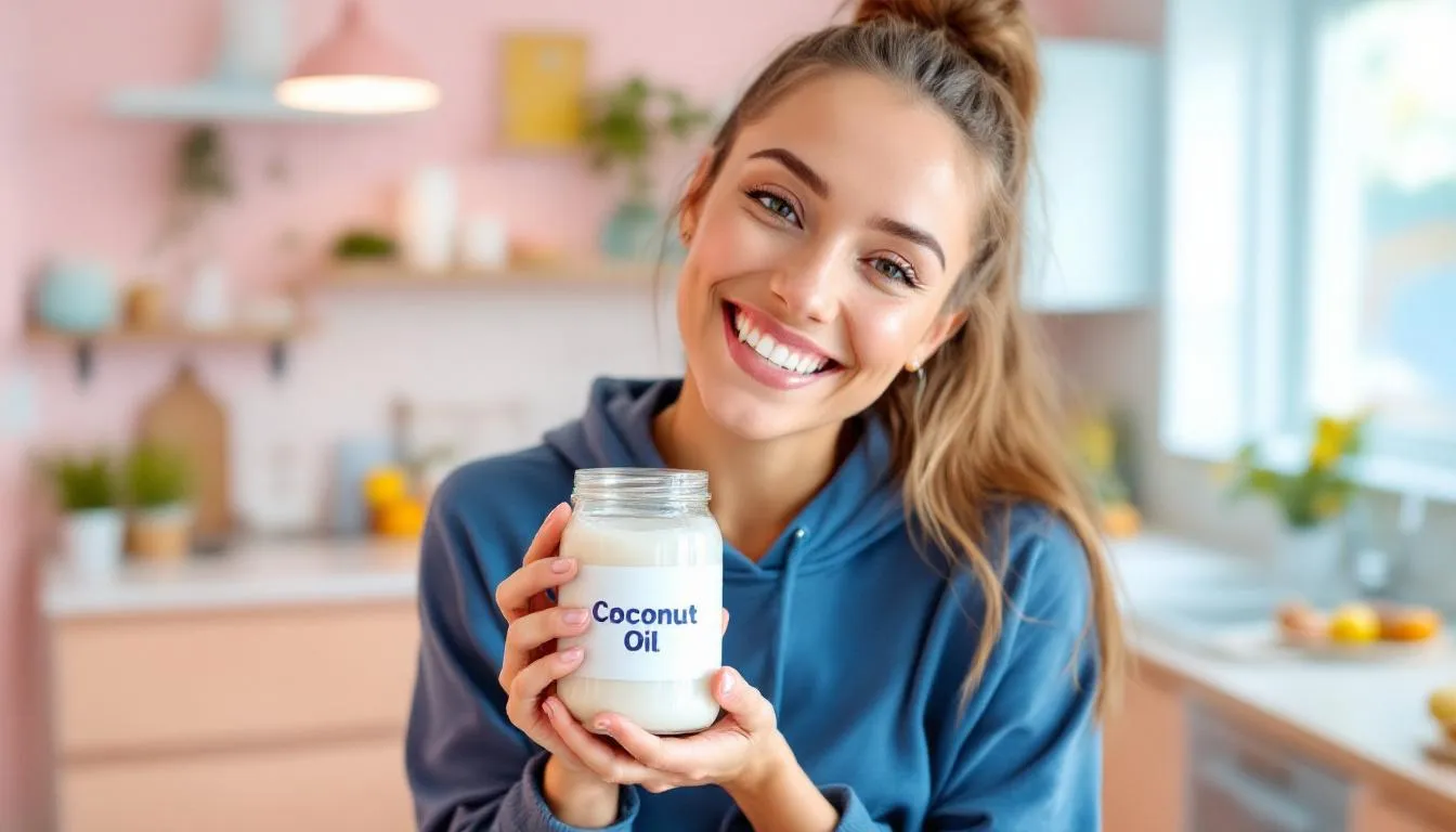A person holding a jar of coconut oil, contemplating its benefits for teeth whitening.