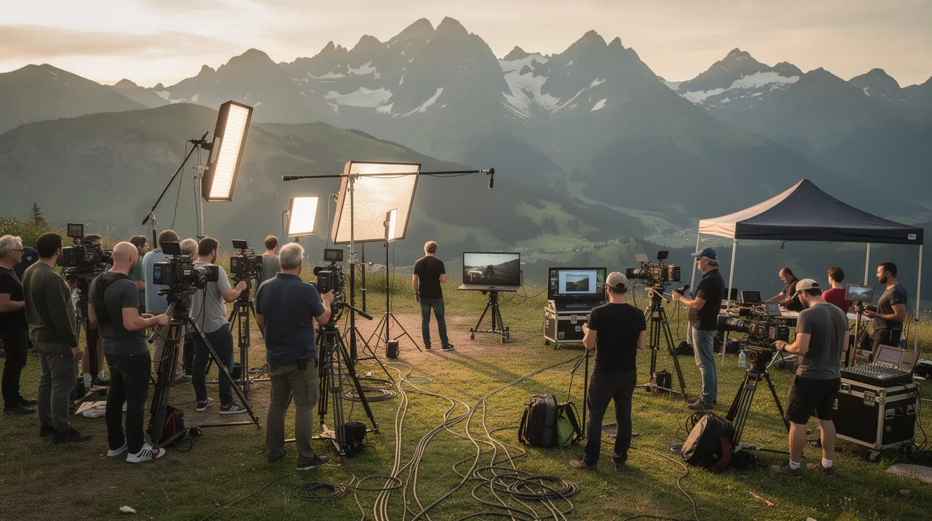 Ein Blick hinter die Kulissen einer großen Filmproduktion zeigt ein Team von Kameraleuten und Technikern, die vor einer dramatischen Berglandschaft mit grünen Tälern arbeiten. Diese Szene erinnert an die beeindruckenden Kulissen aus "Der Herr der Ringe" und "Der Hobbit", die von Regisseur Peter Jackson in der atemberaubenden Welt von Mittelerde zum Leben erweckt wurden.