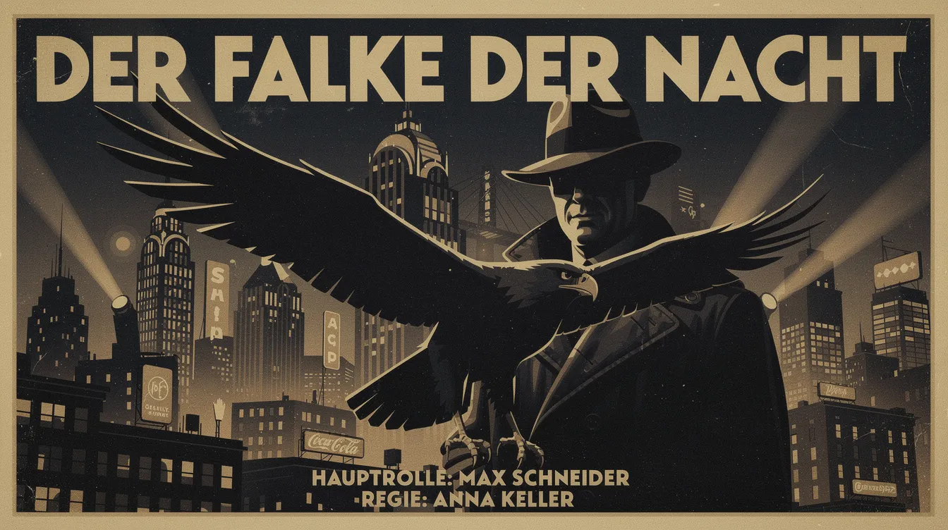Das stilisierte Kinoplakat zeigt eine elegante Silhouette eines Falken vor einer nächtlichen Großstadtkulisse, während im Hintergrund ein Mann mit Hut zu sehen ist. Diese Retro-Darstellung erinnert an den Film Noir "Der Malteser Falke", der in den 1940er Jahren entstand und mit Charakteren wie Sam Spade und Mary Astor begeistert.