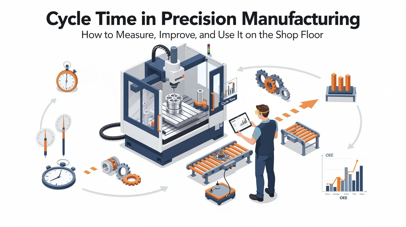 The image illustrates the concept of cycle time in precision manufacturing, highlighting key metrics such as average cycle time and takt time, which are essential for optimizing processes on the shop floor. It emphasizes the importance of tracking cycle times to improve operational efficiency and meet customer demand while reducing unnecessary steps and idle time in the production process.